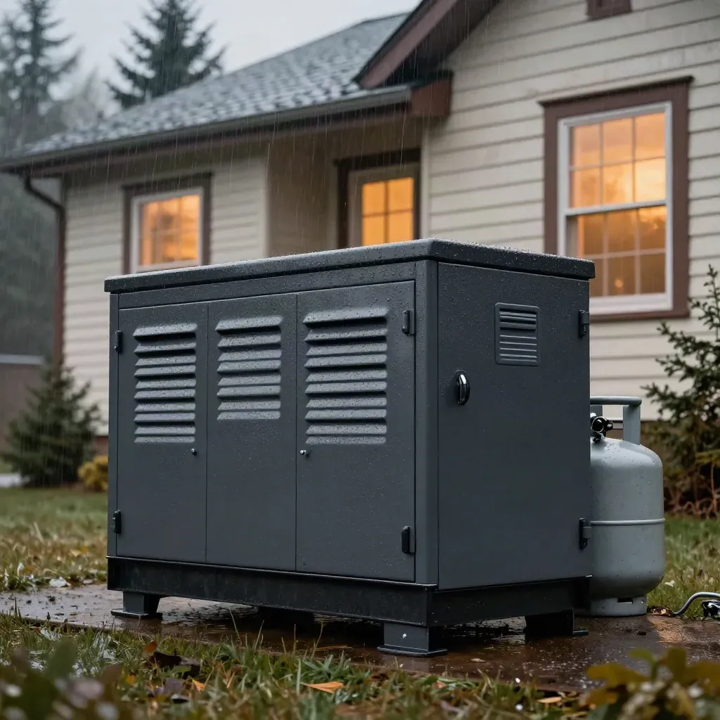 Rainy exterior of a standby generator beside a lit house during a power outage.
