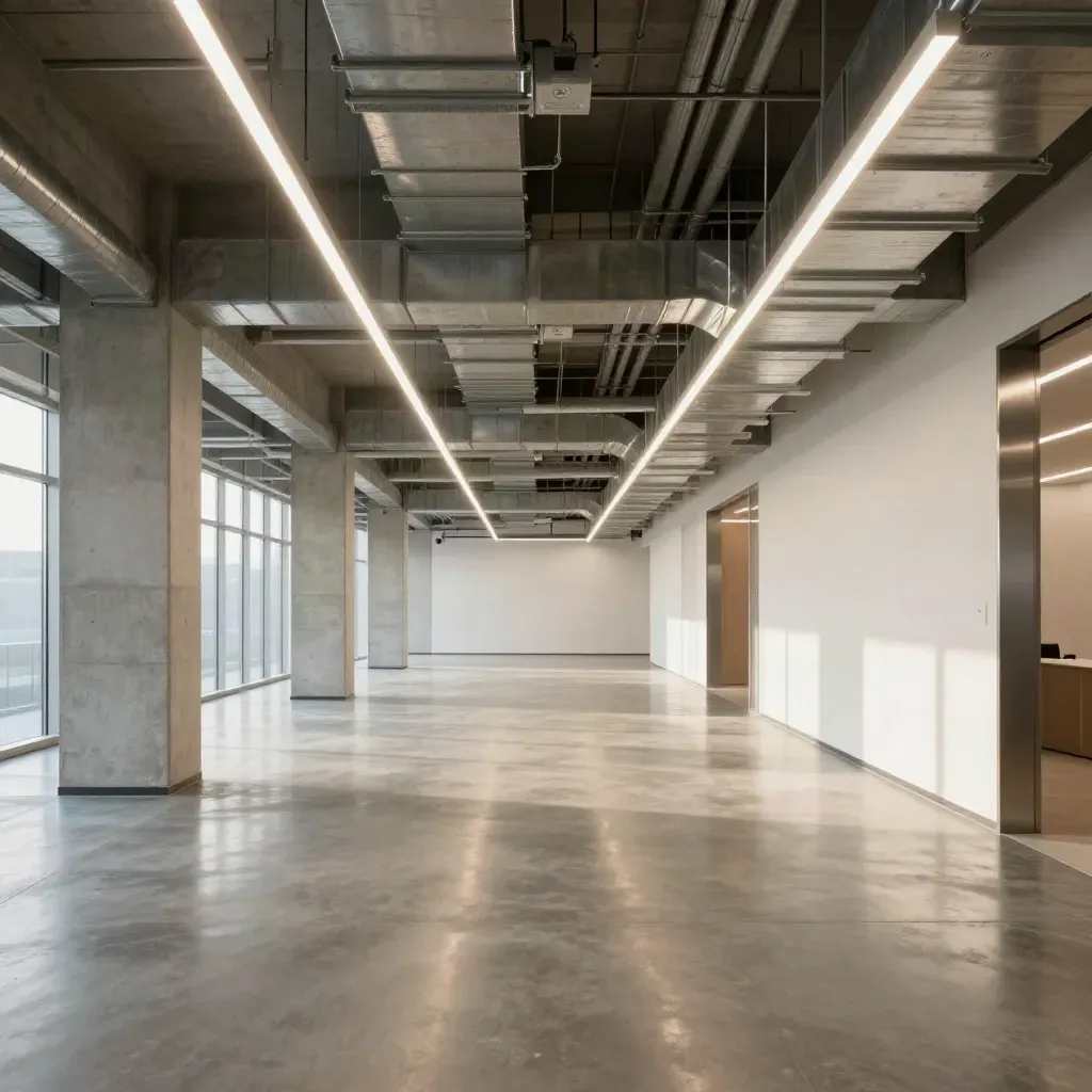Empty upgraded commercial interior with LED ceiling runs, reflective floor and blue status glow.