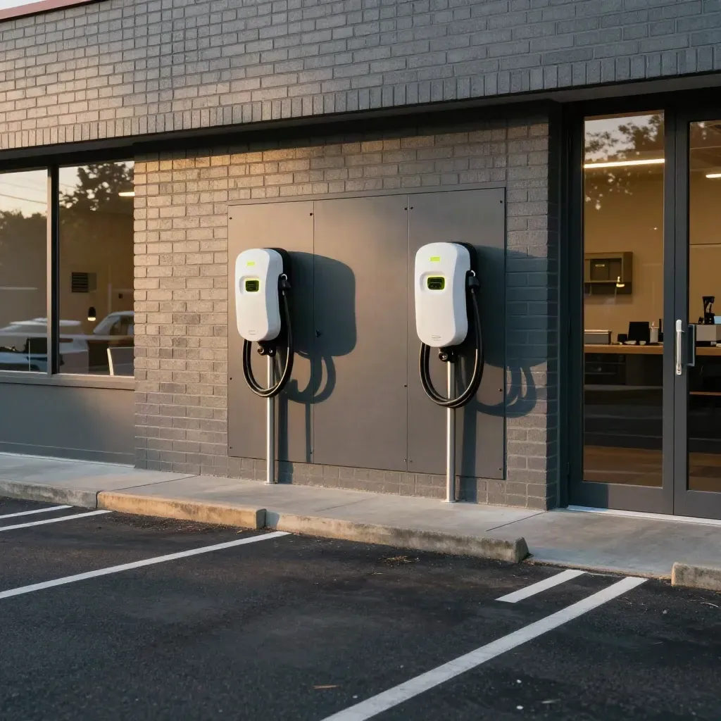 Two EV chargers beside painted bays at a Markham shopfront in warm late-afternoon light.