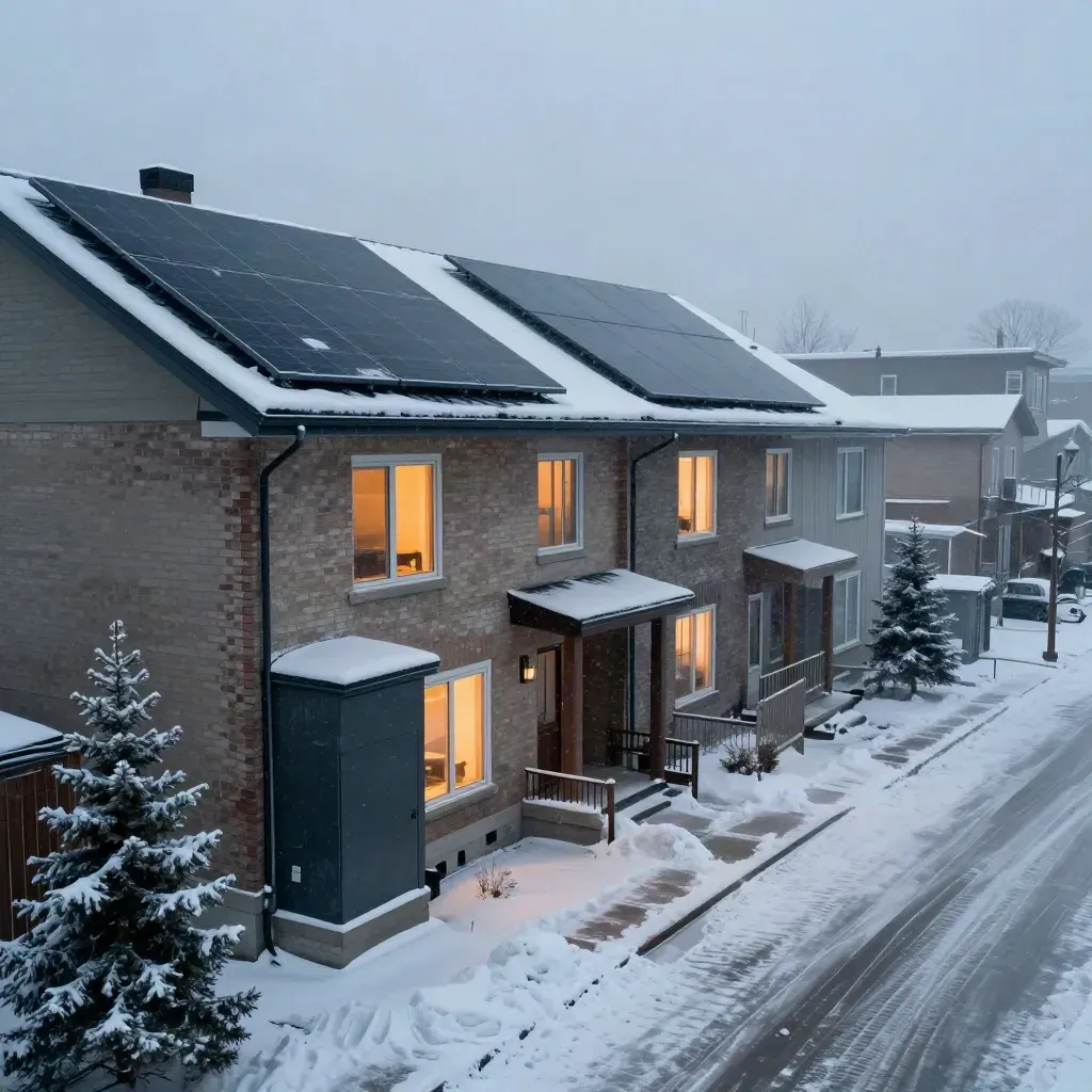 Winter duplex with rooftop solar, battery cabinet, and warm windows after a storm.