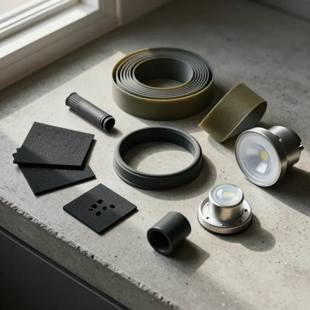 Overhead flat lay of efficiency audit samples on concrete, gasket ring centered with coils and lamp samples.