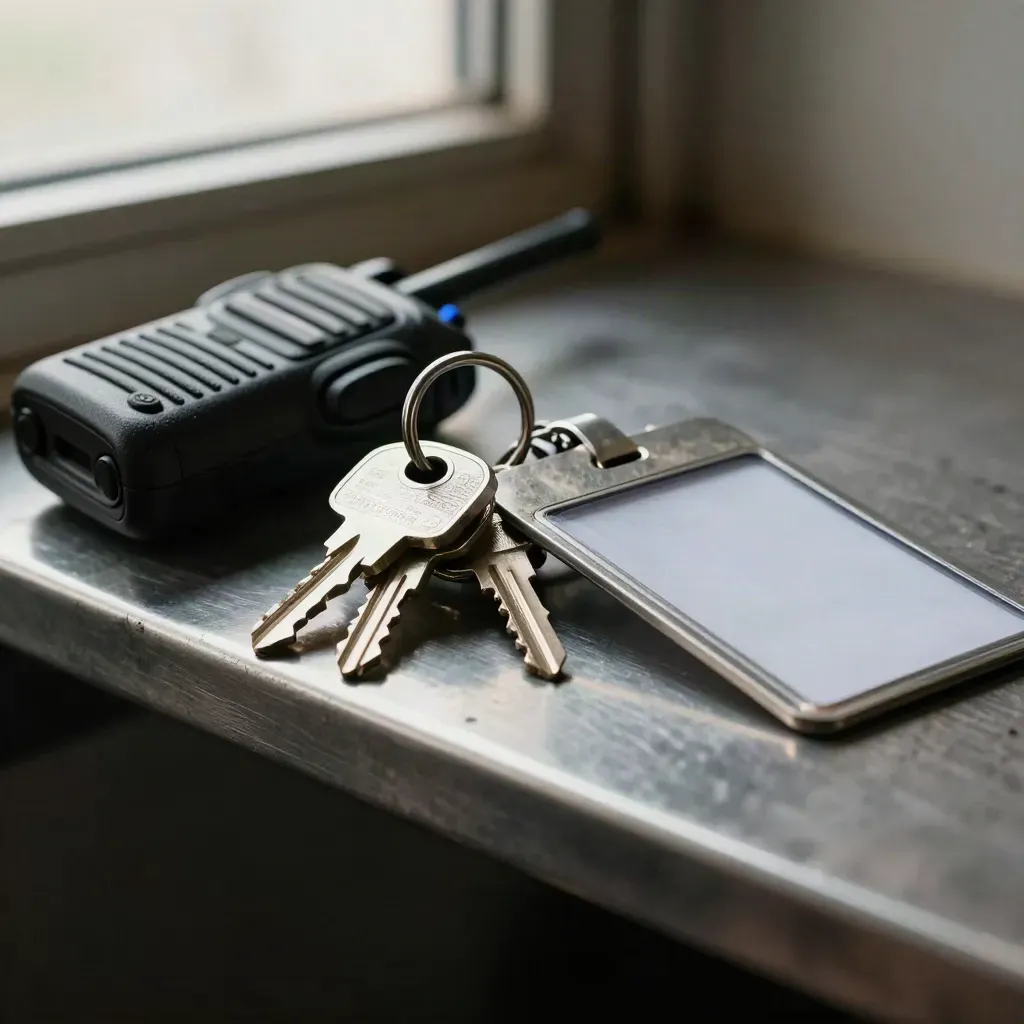 Gate keys, radio, padlock, and badge holder clustered on a steel shelf in workshop light.