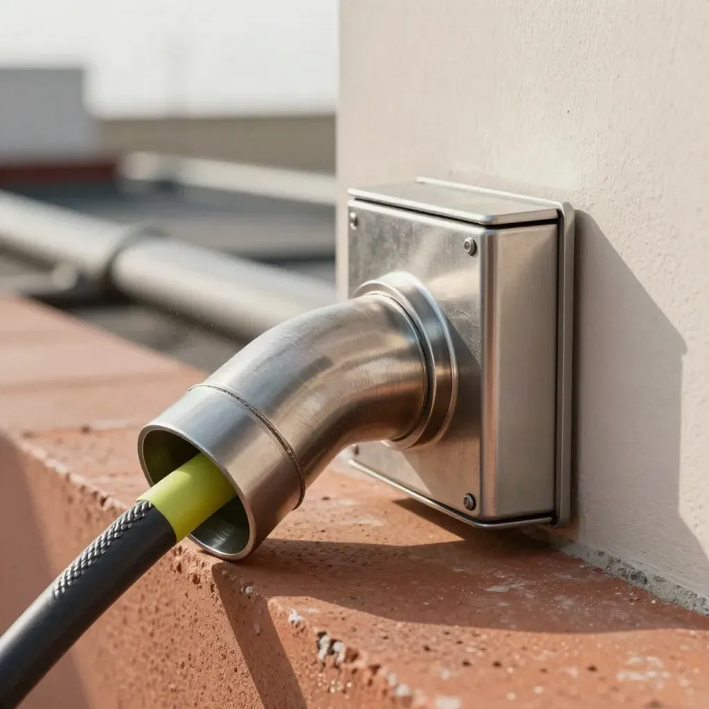 Macro view of conduit elbow, junction box, armored cable and light housing on a masonry ledge.