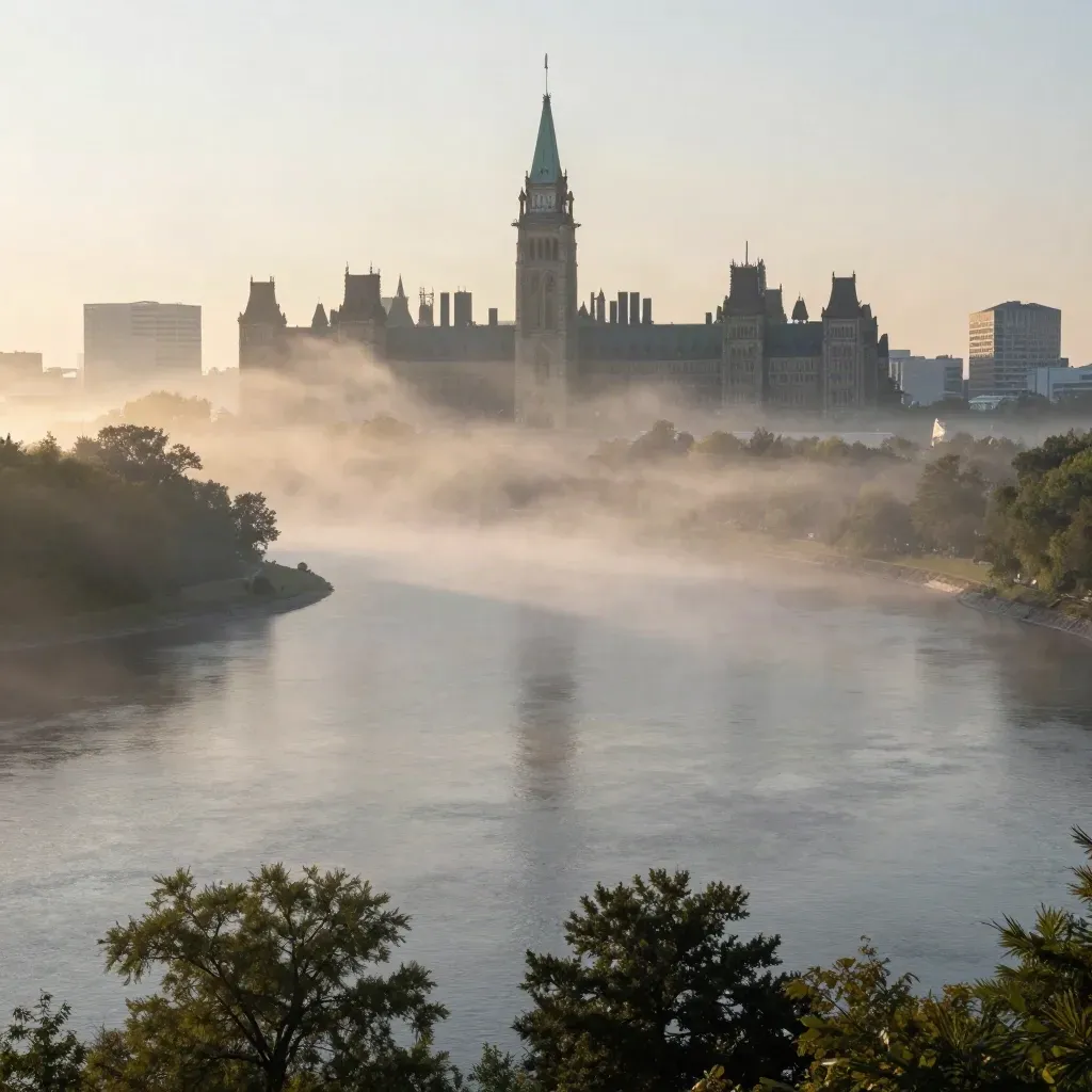 Foggy Ottawa Valley river bend with Parliament Hill silhouette at dawn